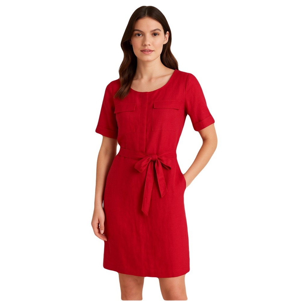 Hobbs London Linen Red Classic Minimalist Holiday Shirt Dress Size 10